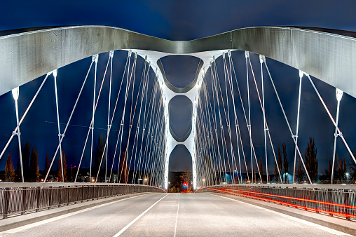 The newly opened Osthafenbrücke in Frankfurt am Main at late dusk