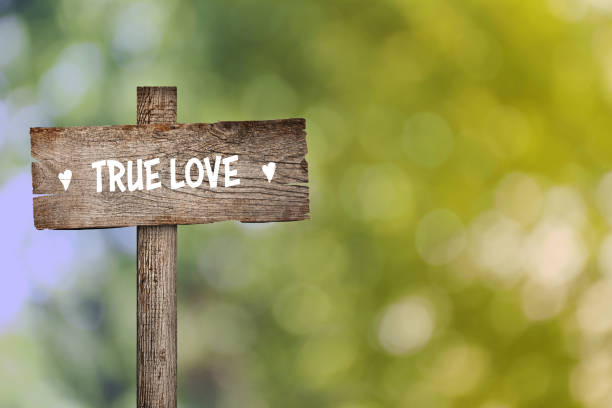 istock Wooden plaque with inscription True Love outdoors, space for text 1349140530