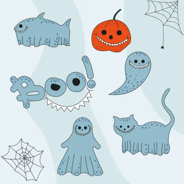 Vector illustration of A collection of ghosts. Happy Halloween! A cute creepy character with a mysterious shape. Vector illustration in cartoon style. Isolated elements on a light background.