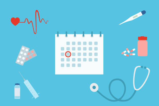 Medical Exam Concept With Calendar, Syringe, Vaccine, Pills, Thermometer And Stethoscope On Blue Background. vector art illustration