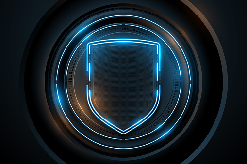Shield template background with blue neon lights elements in vector