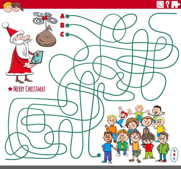 ilustrações, clipart, desenhos animados e ícones de linhas jogo labirinto com desenho animado papai noel e crianças - brainteaser