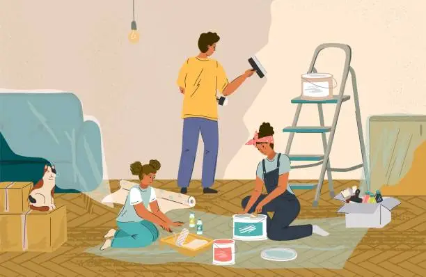 Vector illustration of Family repair home and paint walls together. Vector illustration. People wallpapering and painting wall in apartment. House renovation, room decorating, repair apartment