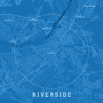Riverside CA City Vector Road Map Blue Text. All source data is in the public domain. U.S. Census Bureau Census Tiger. Used Layers: areawater, linearwater, roads.