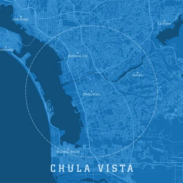 Vector illustration of Chula Vista CA City Vector Road Map Blue Text