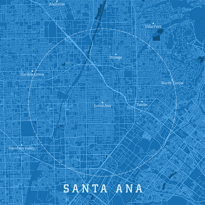 Santa Ana CA City Vector Road Map Blue Text. All source data is in the public domain. U.S. Census Bureau Census Tiger. Used Layers: areawater, linearwater, roads.