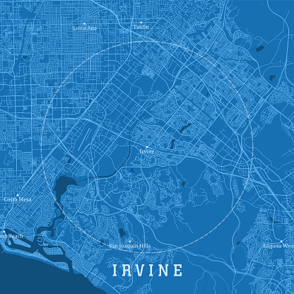 Irvine CA City Vector Road Map Blue Text. All source data is in the public domain. U.S. Census Bureau Census Tiger. Used Layers: areawater, linearwater, roads.