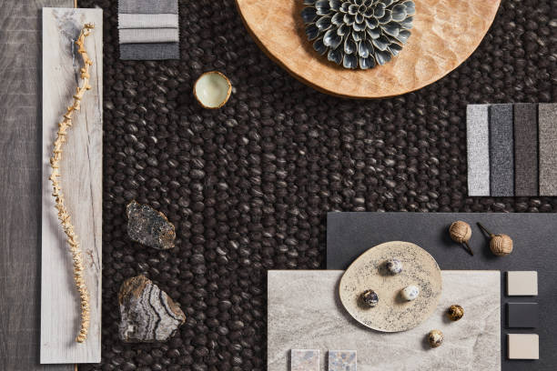 istock Stylish flat lay composition of architect moodboard with samples of building, brown textile and natural materials and personal accessories. Top view, template. 1349150445