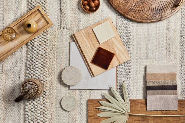 istock Flat lay design of creative architect moodboard composition with samples of building, beige textile and natural materials and personal accessories. Top view, template. 1349150448