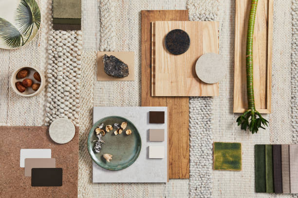 istock Flat lay design of creative architect moodboard composition with samples of building, beige textile and natural materials and personal accessories. Top view, template. 1349150449