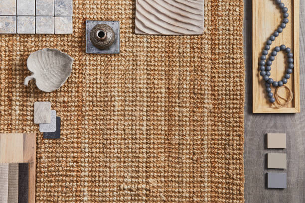 istock Flat lay of creative architect moodboard composition with samples of building, orange textile and natural materials and personal accessories. Top view, template. 1349150451