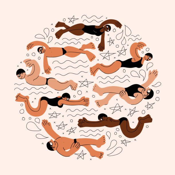 ilustraciones, imágenes clip art, dibujos animados e iconos de stock de nadadores diversos en forma redonda - swimming exercising women back