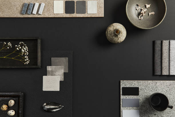 istock Flat lay composition of creative black architect moodboard with samples of building, textile and natural materials and personal accessories. Top view, black backgroung, template. 1349150483