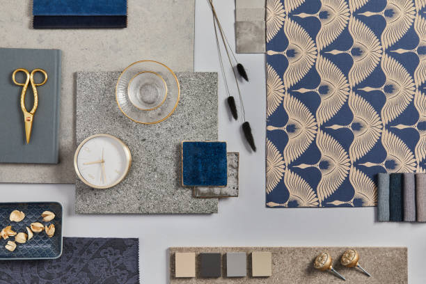istock Flat lay of creative architect moodboard composition with samples of building, textile and natural materials and personal accessories. Top view, grey background, template. 1349150526