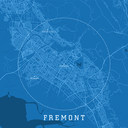 Fremont CA City Vector Road Map Blue Text. All source data is in the public domain. U.S. Census Bureau Census Tiger. Used Layers: areawater, linearwater, roads.