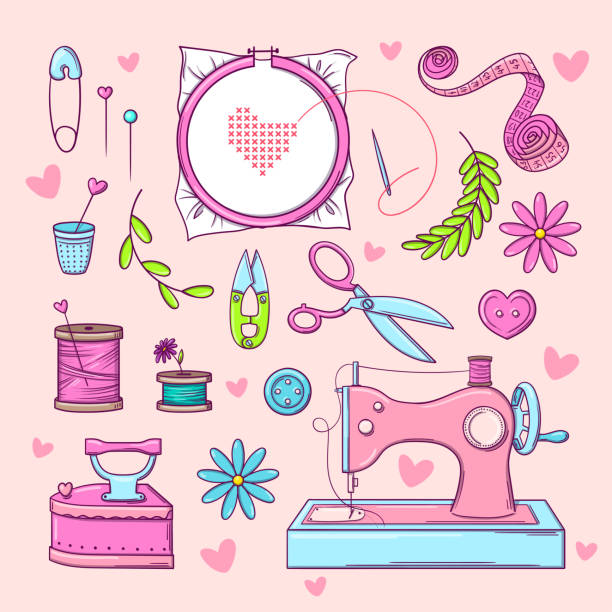ręcznie robione. zestaw elementów do szycia i rękodzieła w stylu doodle - needlecraft product embroidery cross stitch flower stock illustrations