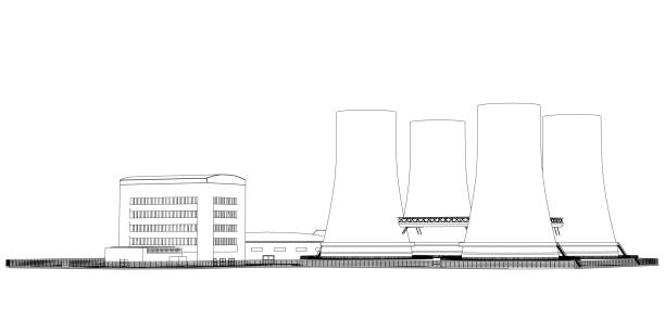 istock Contour of a power plant from black lines isolated on a white background. Side view. Vector illustration 1349150674