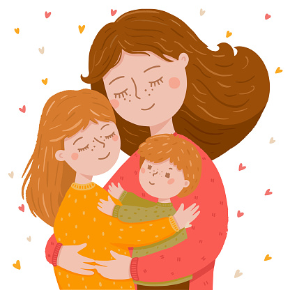 vectro illustration of a young mother holding her son and daughter