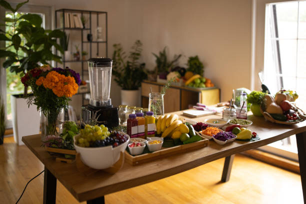organic food for healthy antioxidant diet on table - blender apple banana color image imagens e fotografias de stock