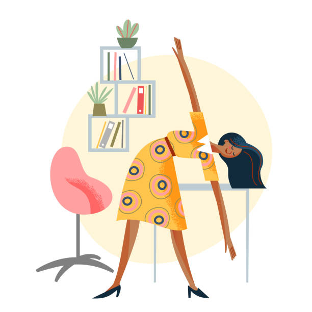 ilustrações, clipart, desenhos animados e ícones de exercício diário de escritório para a saúde corporal, jovem mulher trabalhadora de negócios em braço de inclinação saudável - flexibility business gymnastics exercising