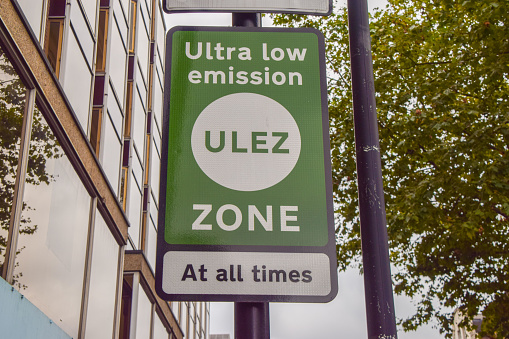 London, UK - October 19 2021: ULEZ, Ultra Low Emission Zone, street sign in Central London.