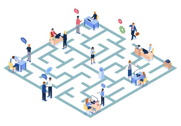 Bureaucratic maze. Labyrinth with working government officials. Bureaucracy paperwork riddle. Administrative barriers and problems. People searching way out of deadlocks. Vector concept Bureaucratic maze. Square labyrinth with working government officials. Bureaucracy paperwork riddle. Administrative barriers and problems. People searching way out of puzzle deadlocks. Vector concept maze road street confusion stock illustrations