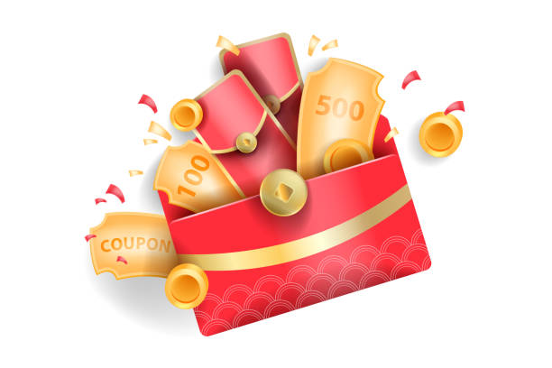 中国の赤いラッキー封筒、新年のお金の黄金のコインベクトルイラスト、3dギフトプロモーションポケット。 - hong bao点のイラスト素材／クリップアート素材／マンガ素材／アイコン素材