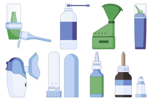 Icons set of nasal drops and sprays. For colds, flu, cough medicine in the nose in a flat style isolated on a white background. Vector illustration. nasal spray stock illustrations