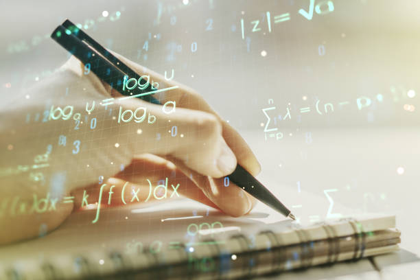 Creative scientific formula concept with woman hand writing in notebook on background. Multiexposure stock photo