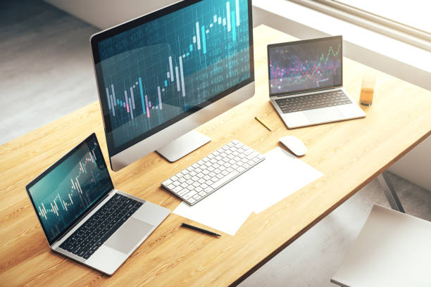 istock Modern computer monitor with abstract creative financial chart, research and strategy concept. 3D Rendering 1349157442