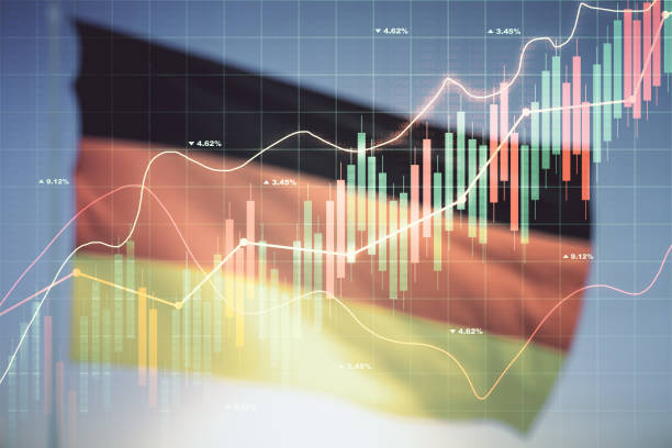 istock Abstract virtual financial graph hologram on German flag and sunset sky background, financial and trading concept. Multiexposure 1349157453