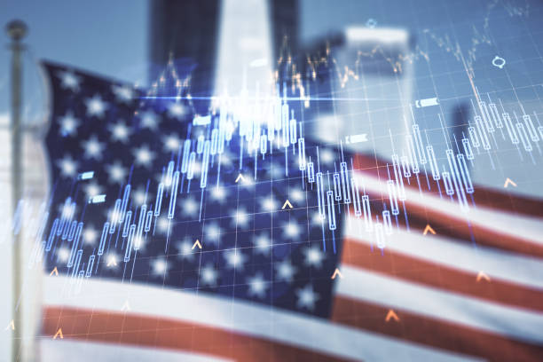 istock Multi exposure of virtual creative financial graph and world map on USA flag and blurry cityscape background, forex and investment concept 1349157507
