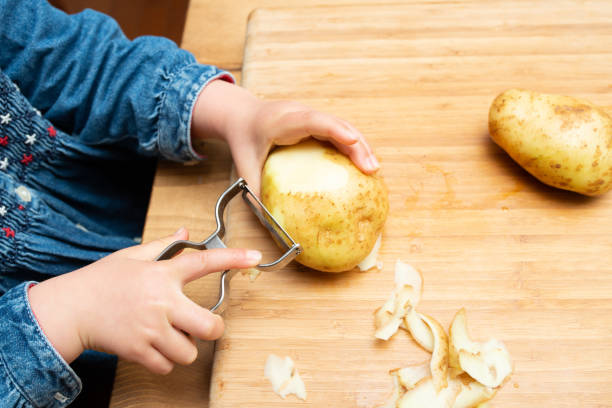 hands of a child peeling potatoes - young potatoes imagens e fotografias de stock