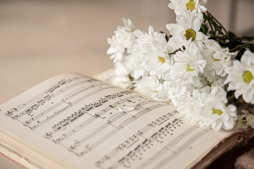 Close-up of musical notes and a bouquet of daisies flowers on a blurred background.
