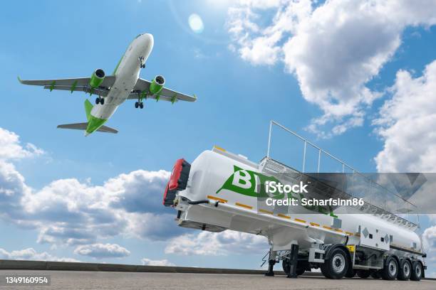 Airplane And Biofuel Tank Trailer Stock Photo - Download Image Now - Biofuel, Air Vehicle, Aerospace Industry