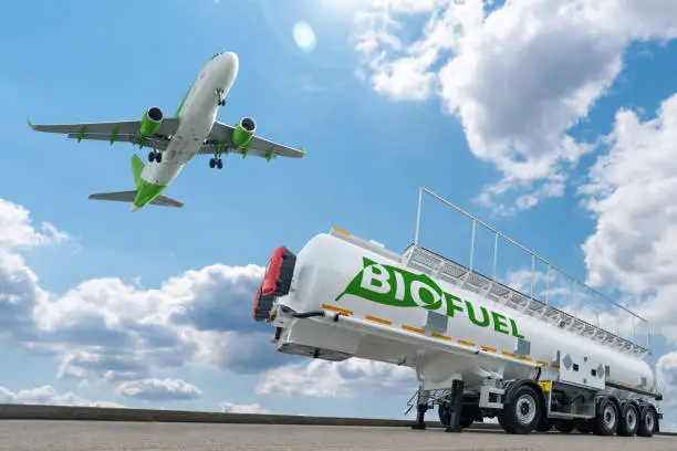 Airplane and biofuel tank trailer. Decarbonization concept