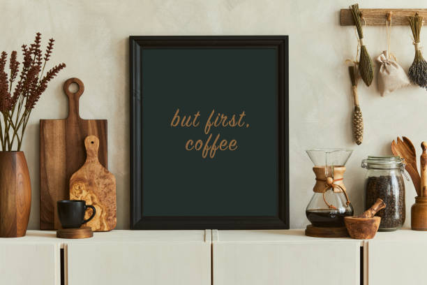 istock Stylish composition of modern kitchen interior design with mock up poster frame, beige sideboard and retro accessories. Template. Autumn vibes. 1349161776