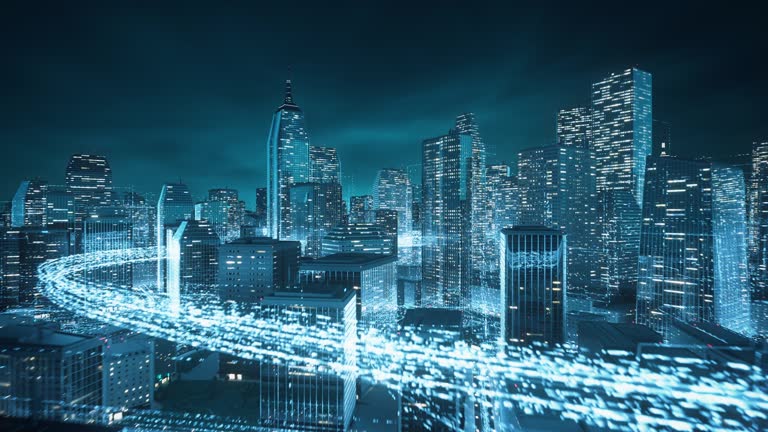 Flying Through Cityscape With Glowing Data Lines - Big Data, Internet Of Things, Futuristic Architecture