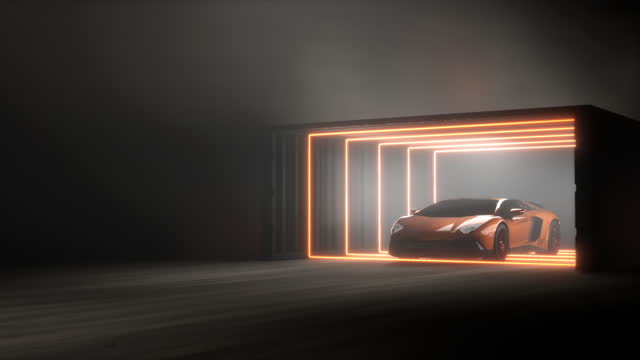 A generic luxury orange sports car, with headlights on, having just parked in an empty concrete / industrial garage
