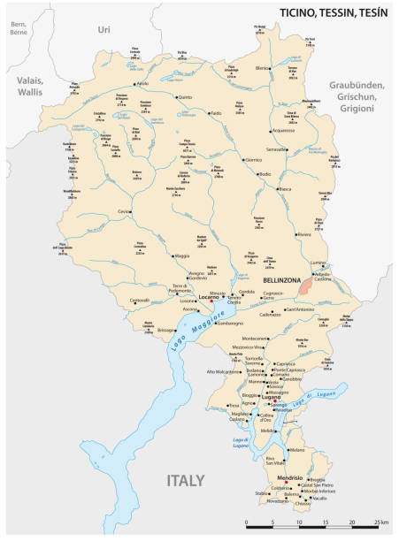 mapa wektorowa szwajcarskiego kantonu ticino z najważniejszymi miastami - berne canton stock illustrations