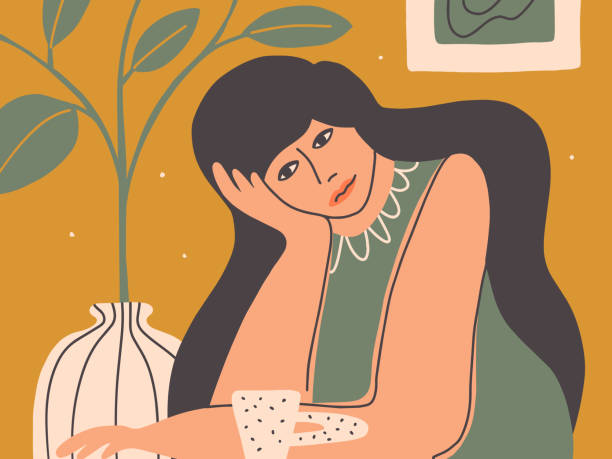 Vector illustration of sad depressed woman sitting at home table resting head on hand Sad woman sitting at table resting head on hand. Unhappy lonely aloof look girl. Depression, anxiety, mental health problem. Tired mother at home. Female sorrow feeling frustration vector illustration nostalgia illustrations stock illustrations