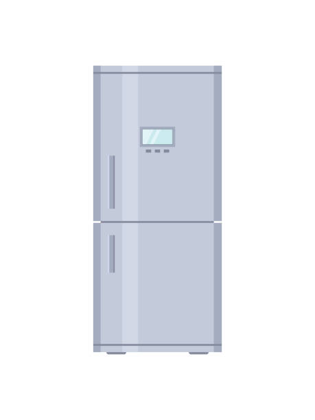 ilustrações de stock, clip art, desenhos animados e ícones de fridge. closed refrigerator with freezer. empty fridge with door and shelf for kitchen. inside modern machine for storage, cold of products. cartoon illustration in flat style. isolated icon. vector - magnetic storage