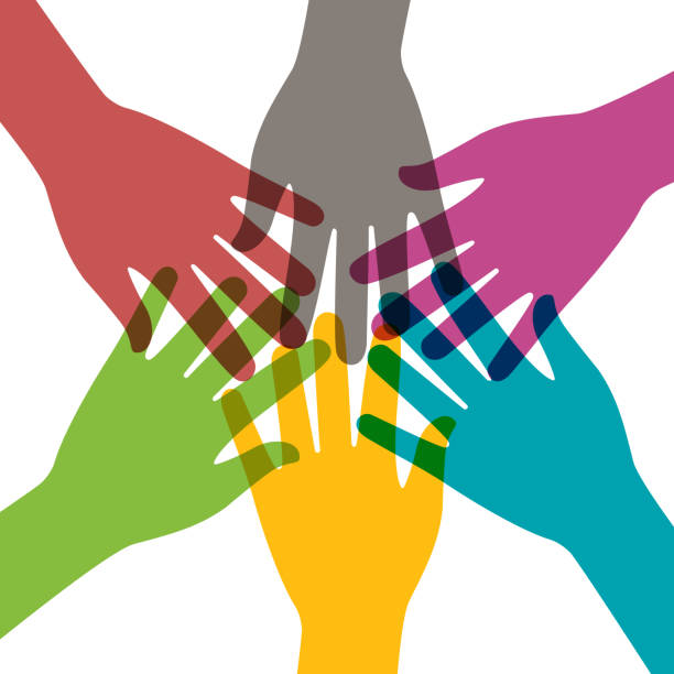 ilustrações de stock, clip art, desenhos animados e ícones de hand together. hands of teamwork. group of people in team. concept of community and success. connect of hands for support and cooperation in team. social help. symbol of partnership, charity. vector - people strength leadership remote