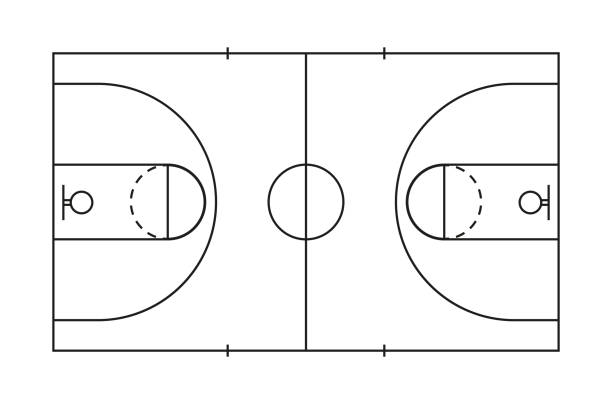 ilustraciones, imágenes clip art, dibujos animados e iconos de stock de cancha de baloncesto. línea de marcaje de campo de baloncesto. planifique con canasta, centro, marco y área de juego. esquema de parcela cuadrada para el deporte. icono para arena, gimnasio, estrategia. líneas negras de la cancha. vector - pelota de baloncesto