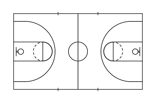 Basketball court. Line of marking of basketball field. Plan with basket, center, frame and game area. Outline square pitch for sport. Icon for arena, gymnasium, strategy. Black lines of court. Vector.
