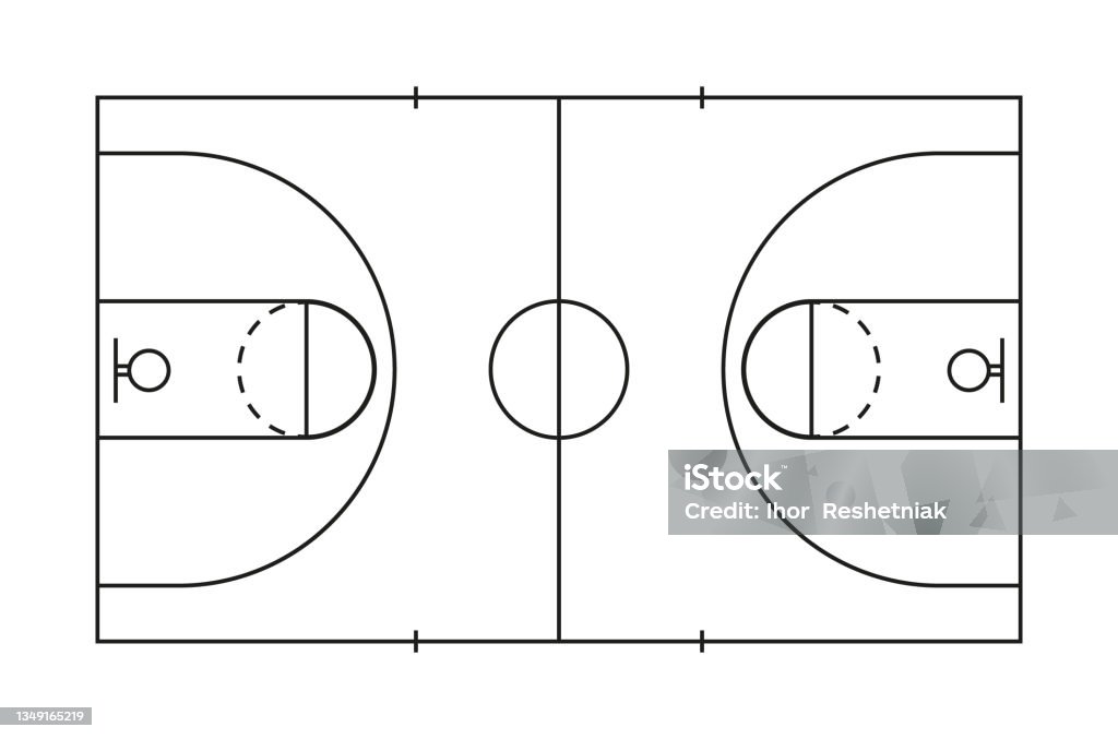Basketball court. Line of marking of basketball field. Plan with basket, center, frame and game area. Outline square pitch for sport. Icon for arena, gymnasium, strategy. Black lines of court. Vector Basketball court. Line of marking of basketball field. Plan with basket, center, frame and game area. Outline square pitch for sport. Icon for arena, gymnasium, strategy. Black lines of court. Vector. Basketball - Sport stock vector