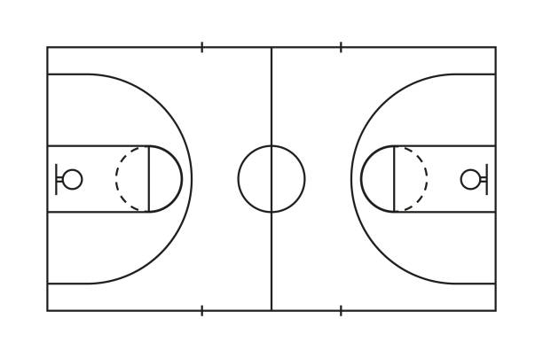basketball court. line of marking of basketball field. plan with basket, center, frame and game area. outline square pitch for sport. icon for arena, gymnasium, strategy. black lines of court. vector - 封閉式球場 圖片 幅插畫檔、美工圖案、卡通及圖標