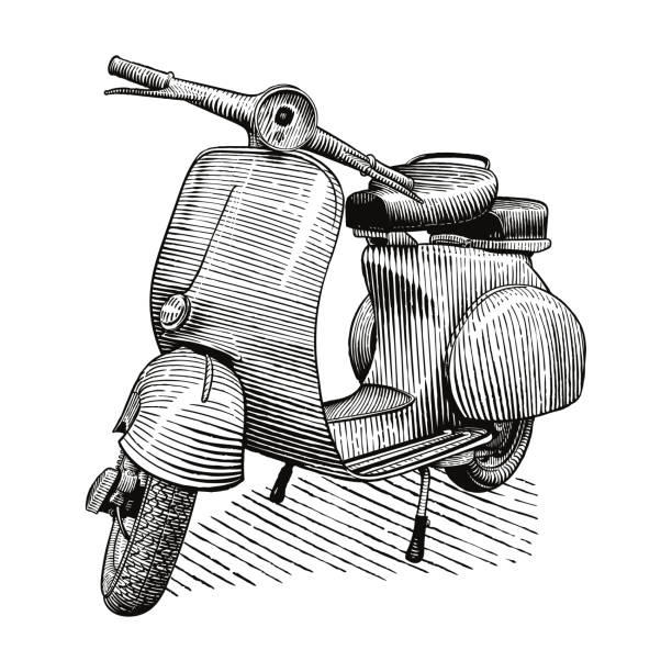 Vector, engraving style illustration of classic Italian scooter