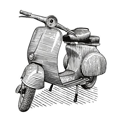 Vector, engraving style illustration of classic Italian scooter