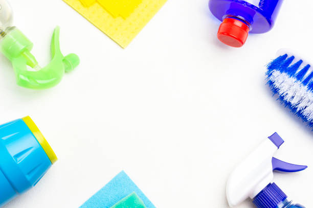 istock Spray bottle, sponges, blue plastic bottle, brush. Cleaning products. 1349169881